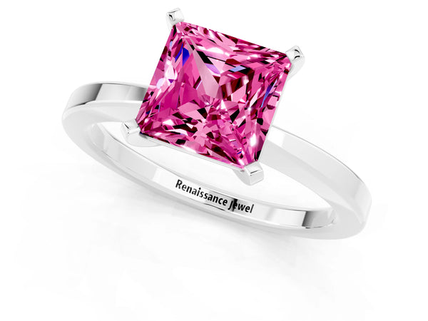 White gold Princess Cut Pink Sapphire Solitaire Engagement Ring with Classic Band and Four-Prong Setting