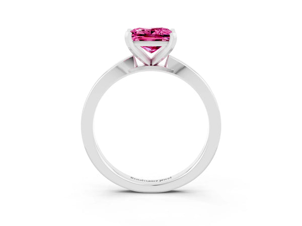 Silver Princess Cut Pink Sapphire Solitaire Engagement Ring with Classic Band and Four-Prong Setting