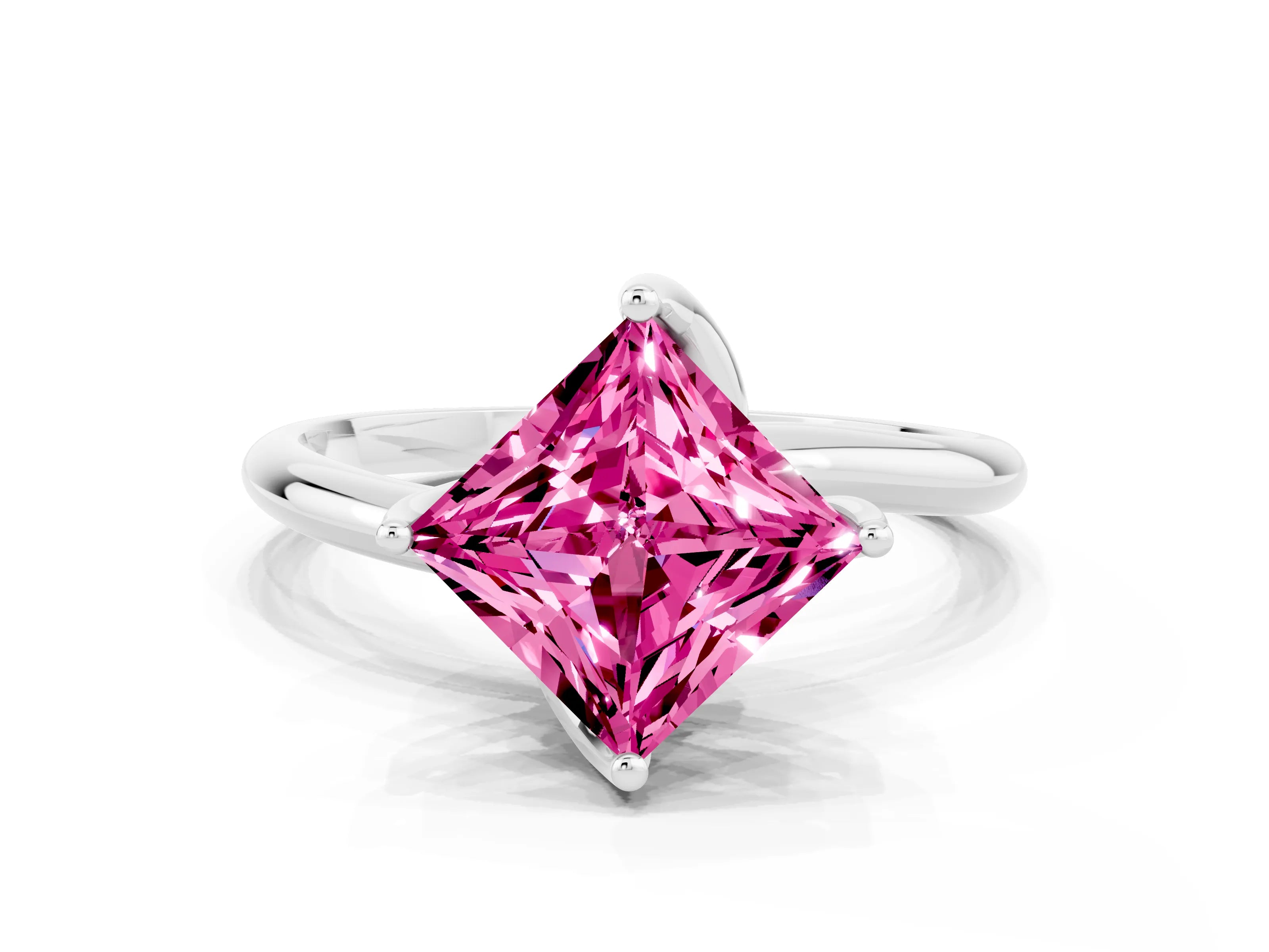 White gold Princess Cut Pink Sapphire Solitaire Engagement Ring with Four-Prong Setting and Classic Band_12