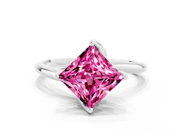 Platinum Princess Cut Pink Sapphire Solitaire Engagement Ring with Four-Prong Setting and Classic Band