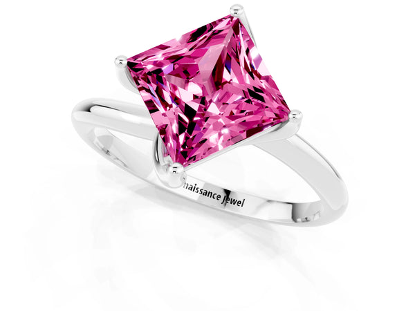 Platinum Princess Cut Pink Sapphire Solitaire Engagement Ring with Four-Prong Setting and Classic Band