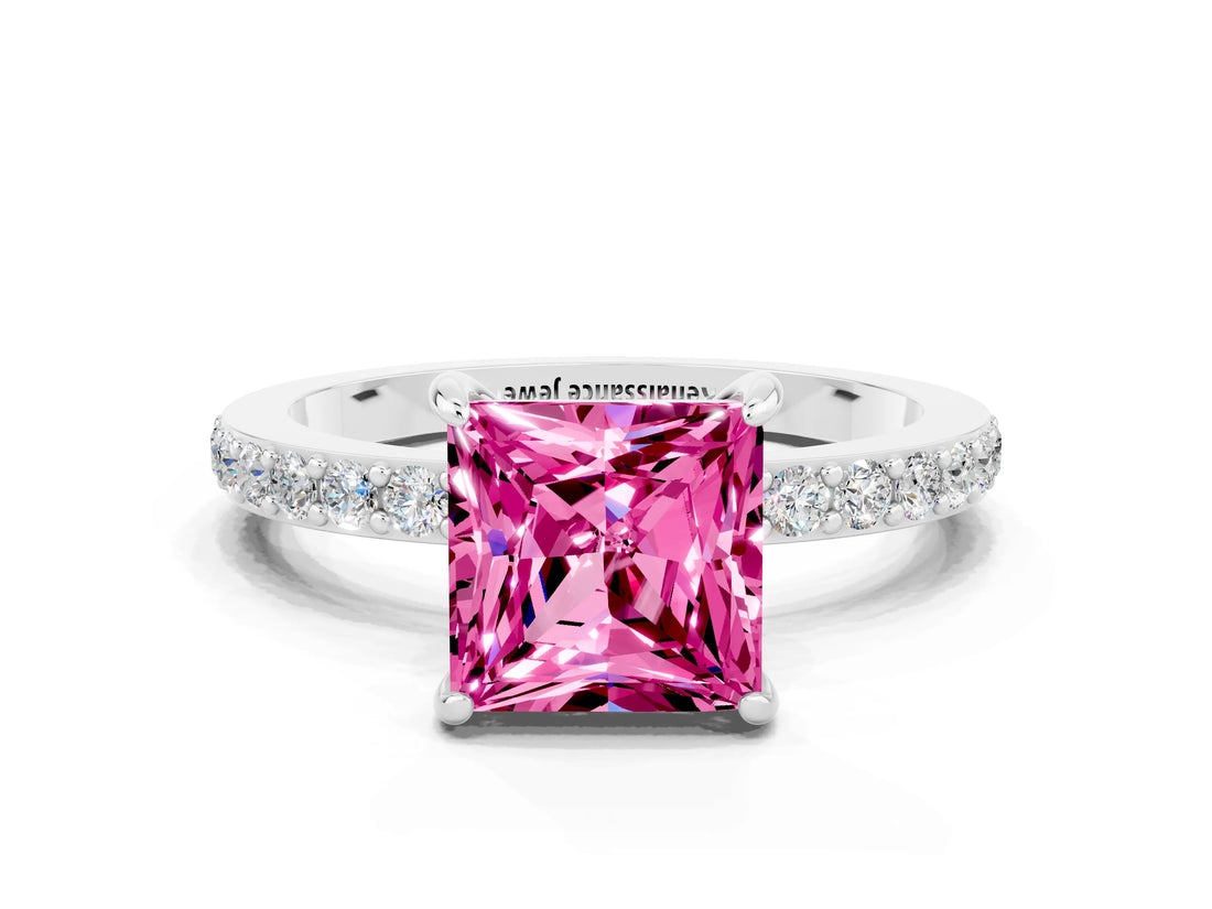 White gold Princess Cut Pink Sapphire Solitaire Engagement Ring with Pavé Band and Four-Prong Setting_24