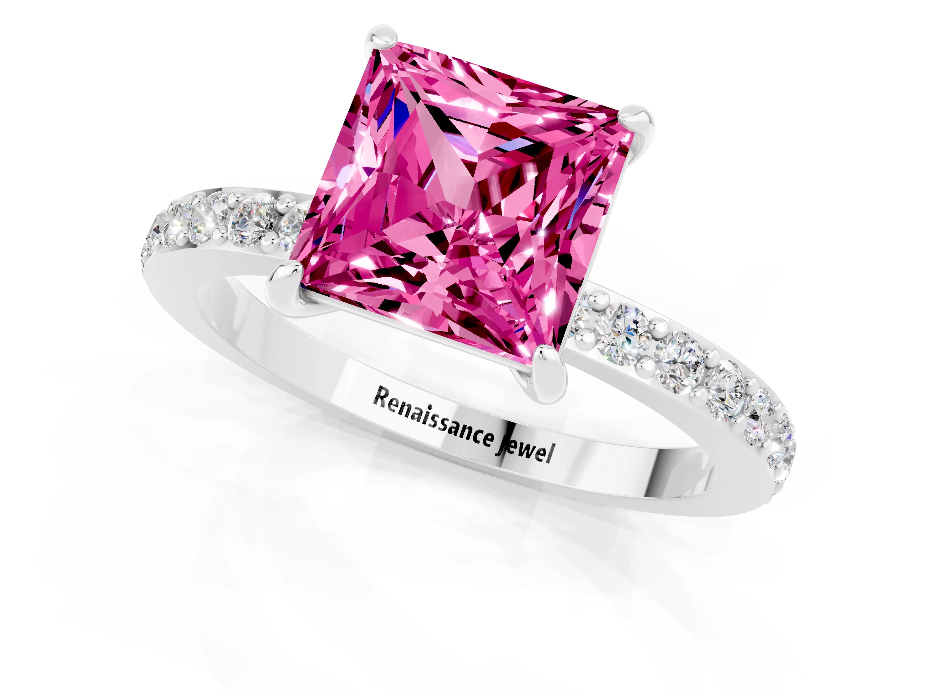 White gold Princess Cut Pink Sapphire Solitaire Engagement Ring with Pavé Band and Four-Prong Setting_25