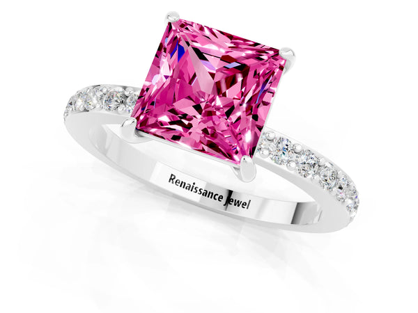 Silver Princess Cut Pink Sapphire Solitaire Engagement Ring with Pavé Band and Four-Prong Setting