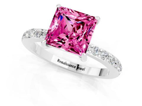 White gold Princess Cut Pink Sapphire Solitaire Engagement Ring with Pavé Band and Four-Prong Setting_25