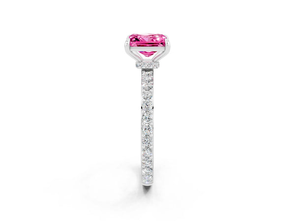 Silver Princess Cut Pink Sapphire Solitaire Engagement Ring with Pavé Band and Four-Prong Setting