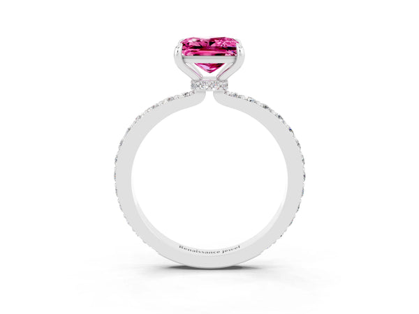 White gold Princess Cut Pink Sapphire Solitaire Engagement Ring with Pavé Band and Four-Prong Setting