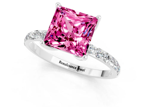 White gold Princess Cut Pink Sapphire Solitaire Engagement Ring with Pavé Band and Prong Setting_1