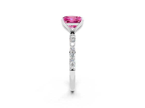 Platinum Princess Cut Pink Sapphire Solitaire Engagement Ring with Round  Pavé Band and Prong Setting