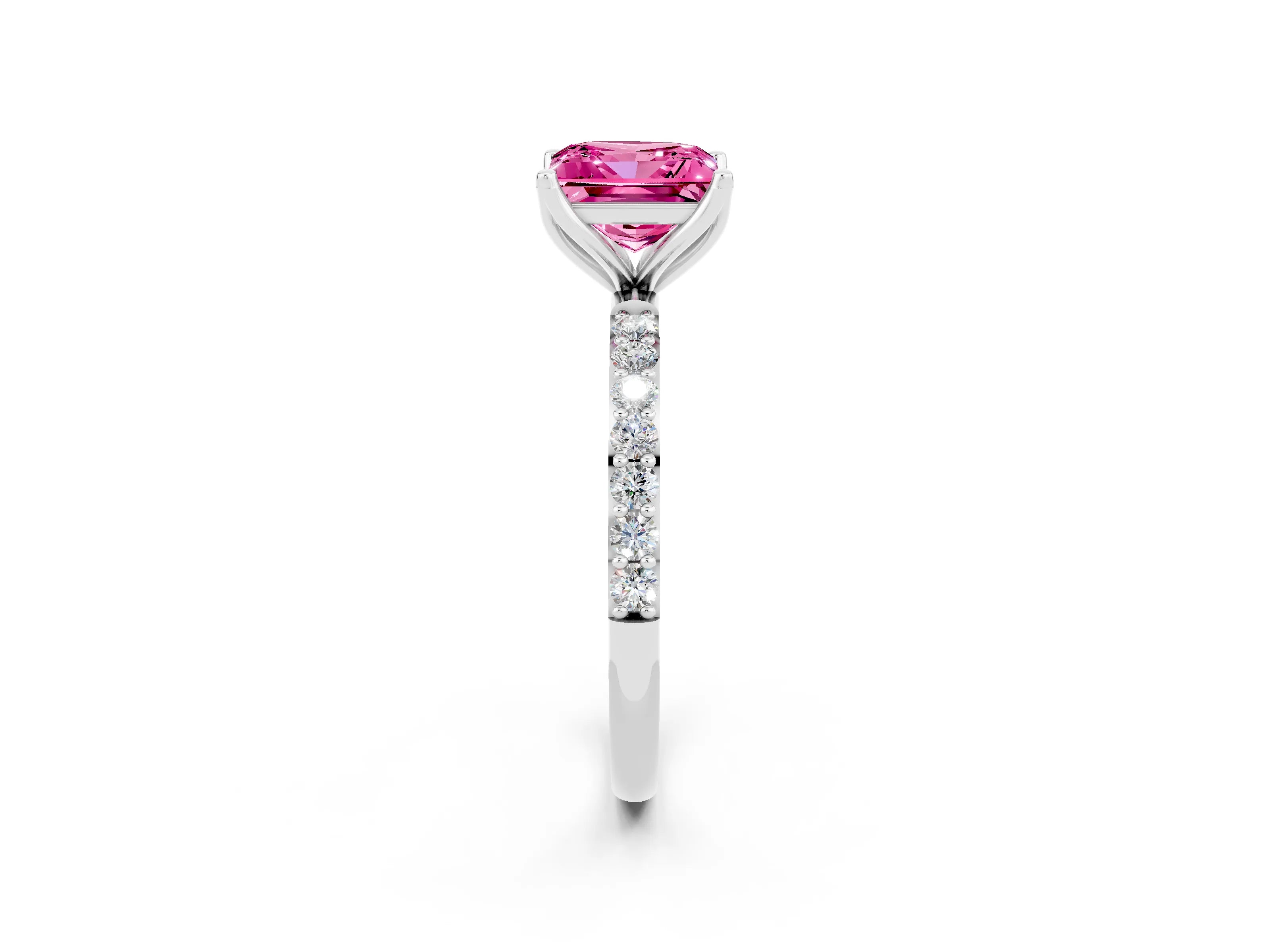 White gold Princess Cut Pink Sapphire Solitaire Engagement Ring with Pavé Band and Prong Setting_2