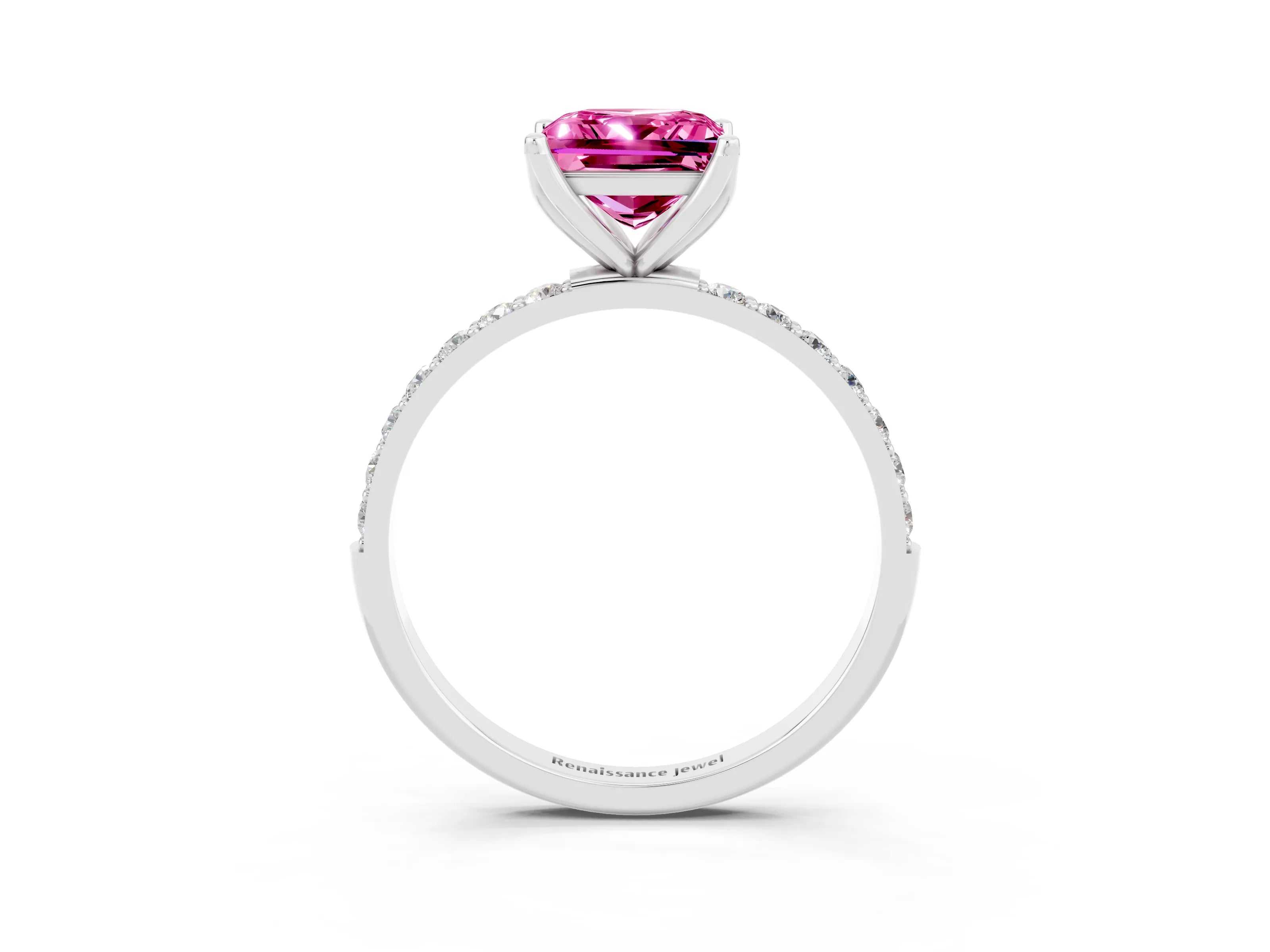 White gold Princess Cut Pink Sapphire Solitaire Engagement Ring with Pavé Band and Prong Setting_3