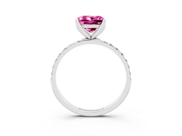 White gold Princess Cut Pink Sapphire Solitaire Engagement Ring with Round  Pavé Band and Prong Setting