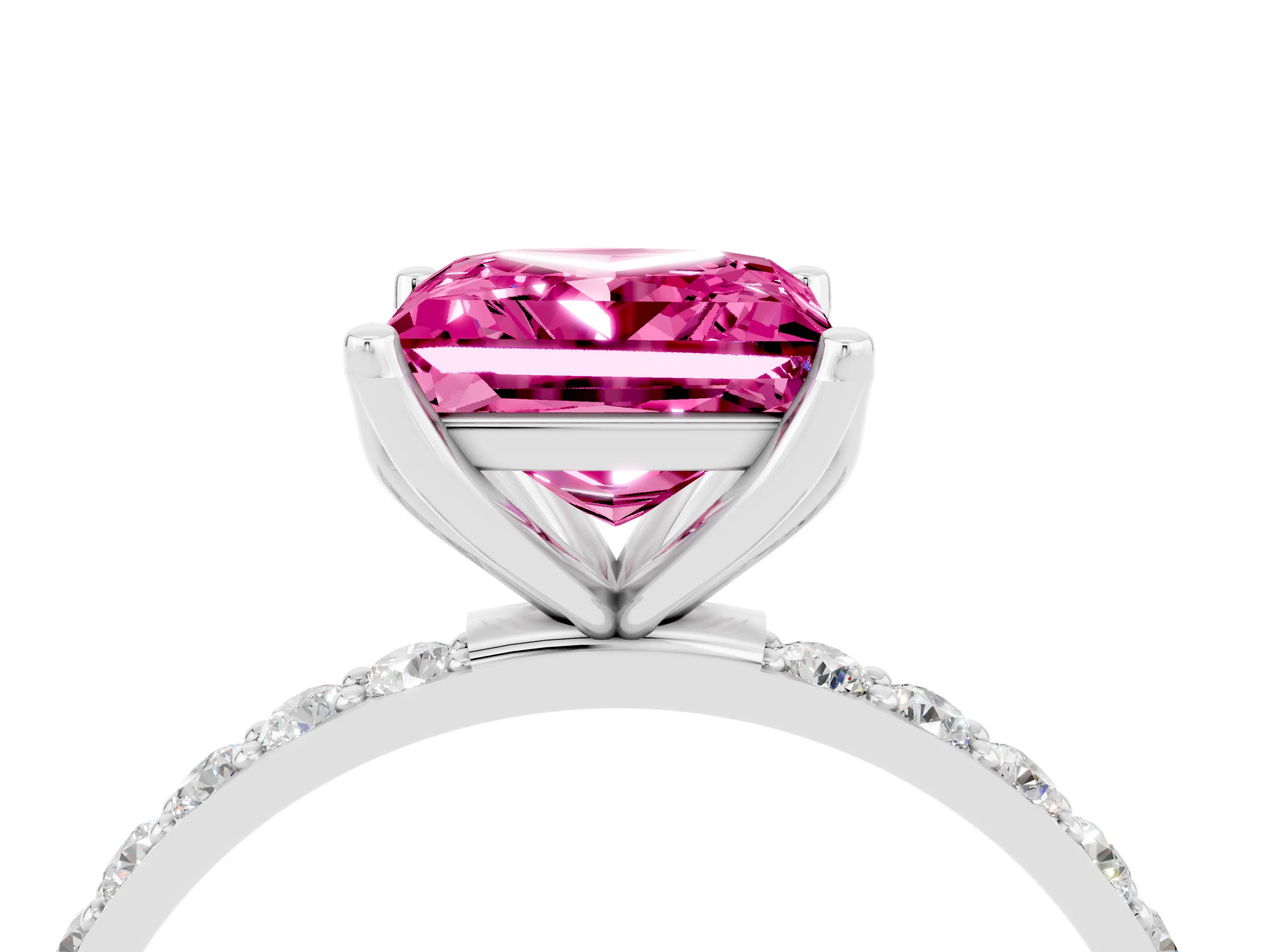 White gold Princess Cut Pink Sapphire Solitaire Engagement Ring with Pavé Band and Prong Setting_4