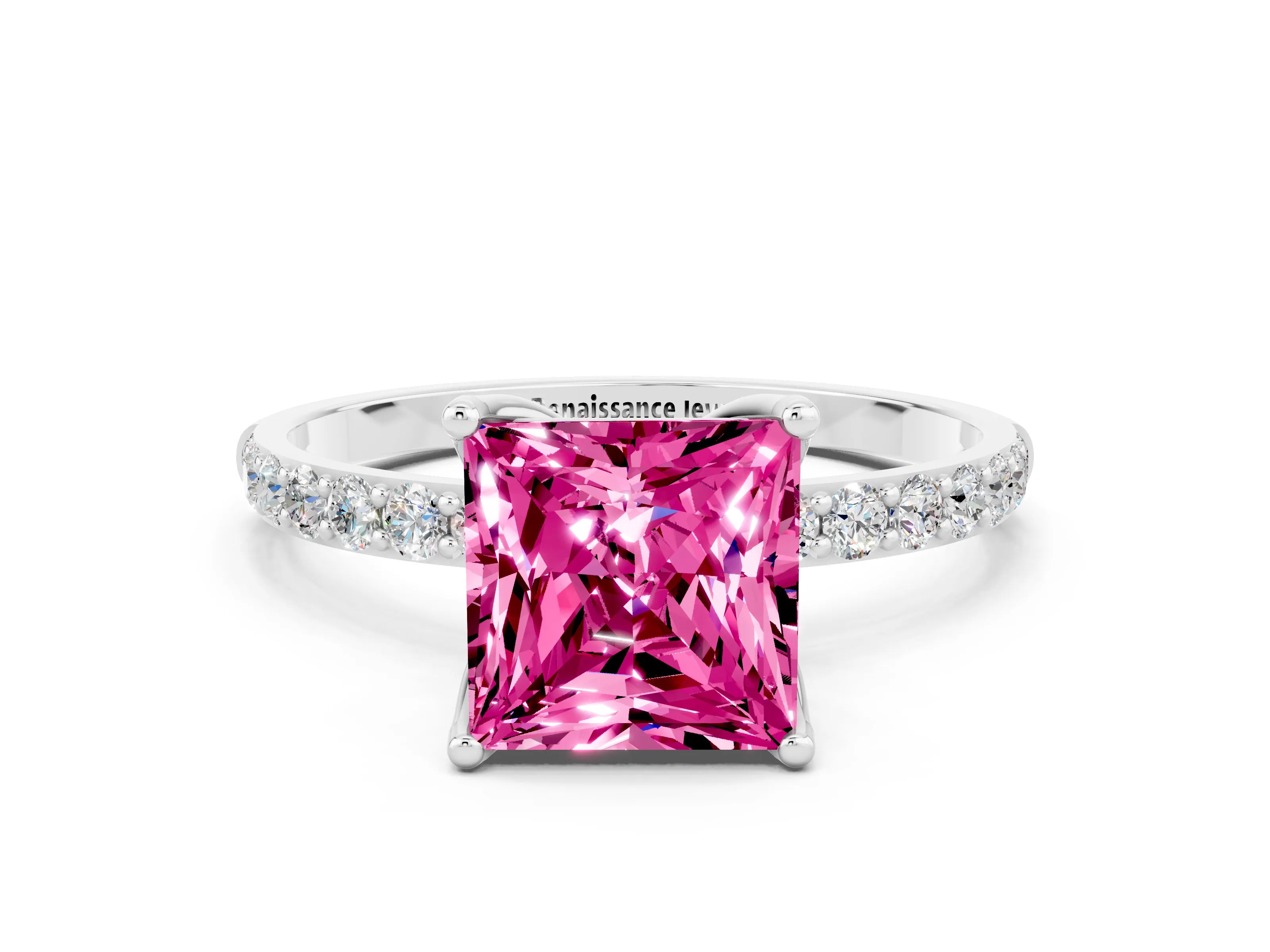 White gold Princess Cut Pink Sapphire Solitaire Engagement Ring with Pavé Band and Prong Setting