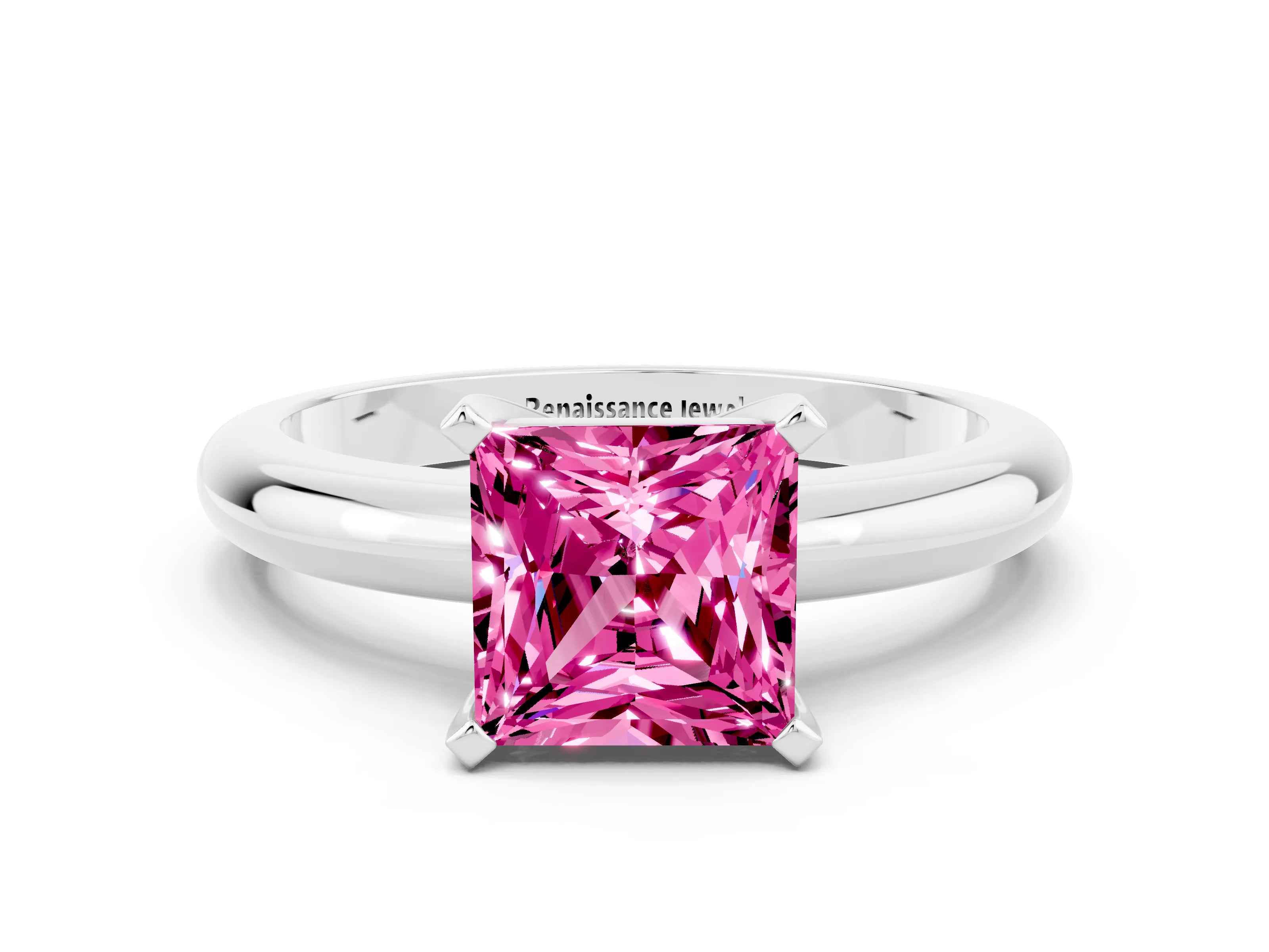 White gold Princess Cut Pink Sapphire Solitaire Engagement Ring with Round Band and Four-Prong Setting_24