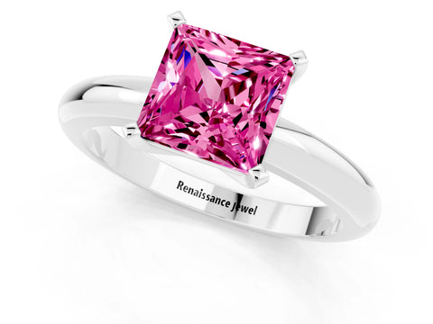 White gold Princess Cut Pink Sapphire Solitaire Engagement Ring with Round Band and Four-Prong Setting_25