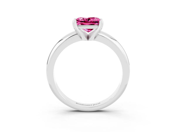 White gold Princess Cut Pink Sapphire Solitaire Engagement Ring with Round Band and Four-Prong Setting