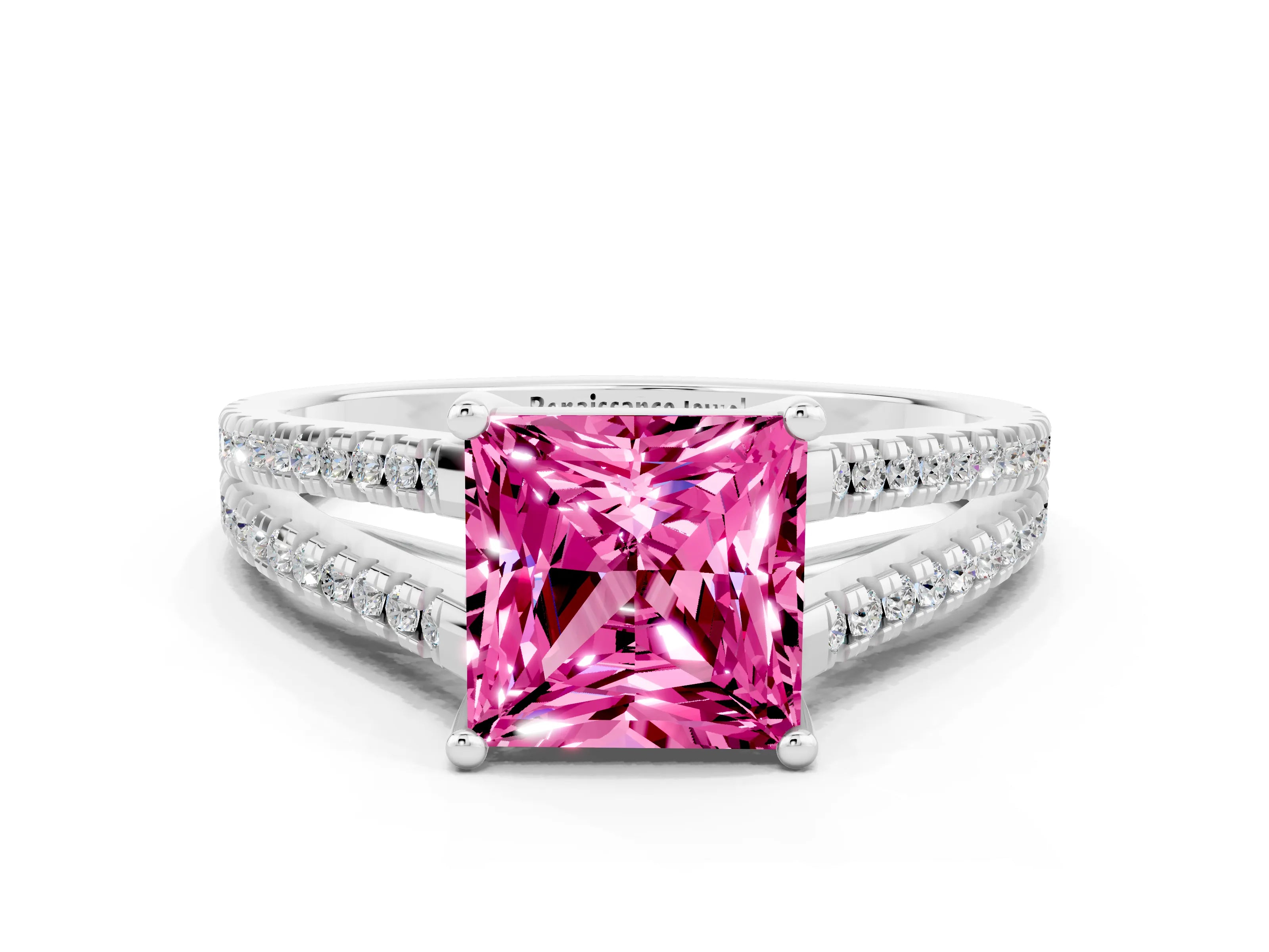 White gold Princess Cut Pink Sapphire Solitaire Engagement Ring with Split Shank Pavé Band_12