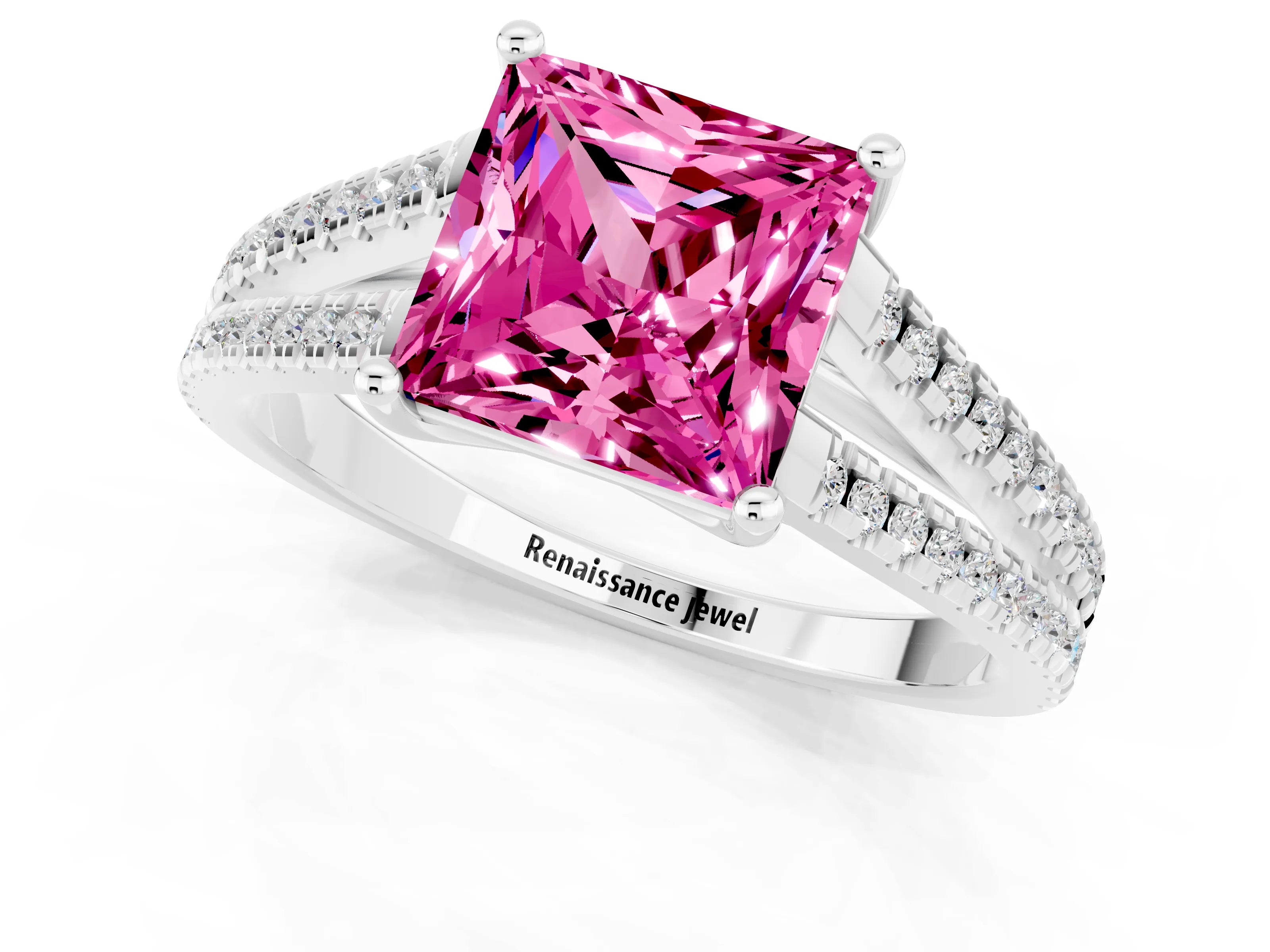 White gold Princess Cut Pink Sapphire Solitaire Engagement Ring with Split Shank Pavé Band_13