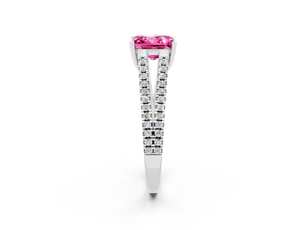Platinum Princess Cut Pink Sapphire Solitaire Engagement Ring with Split Shank Pavé Band