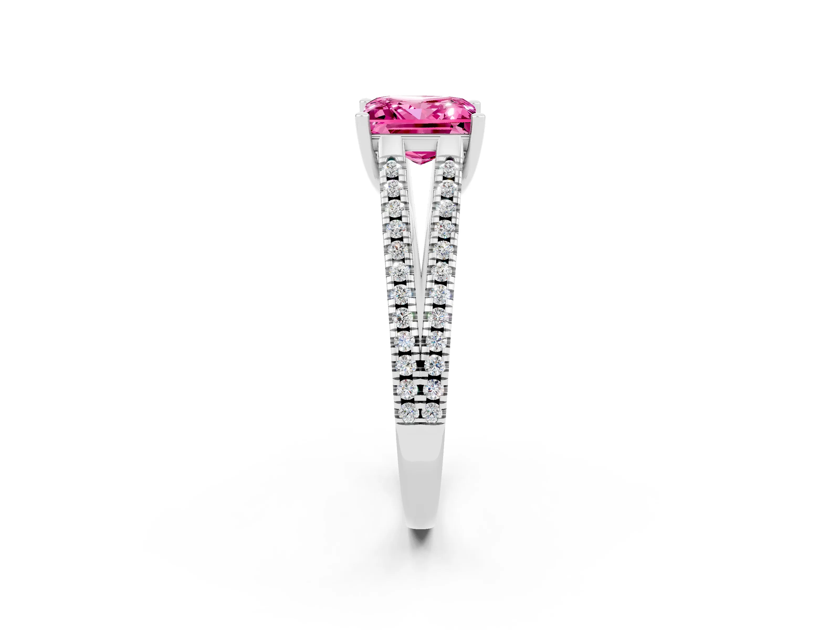 White gold Princess Cut Pink Sapphire Solitaire Engagement Ring with Split Shank Pavé Band_14