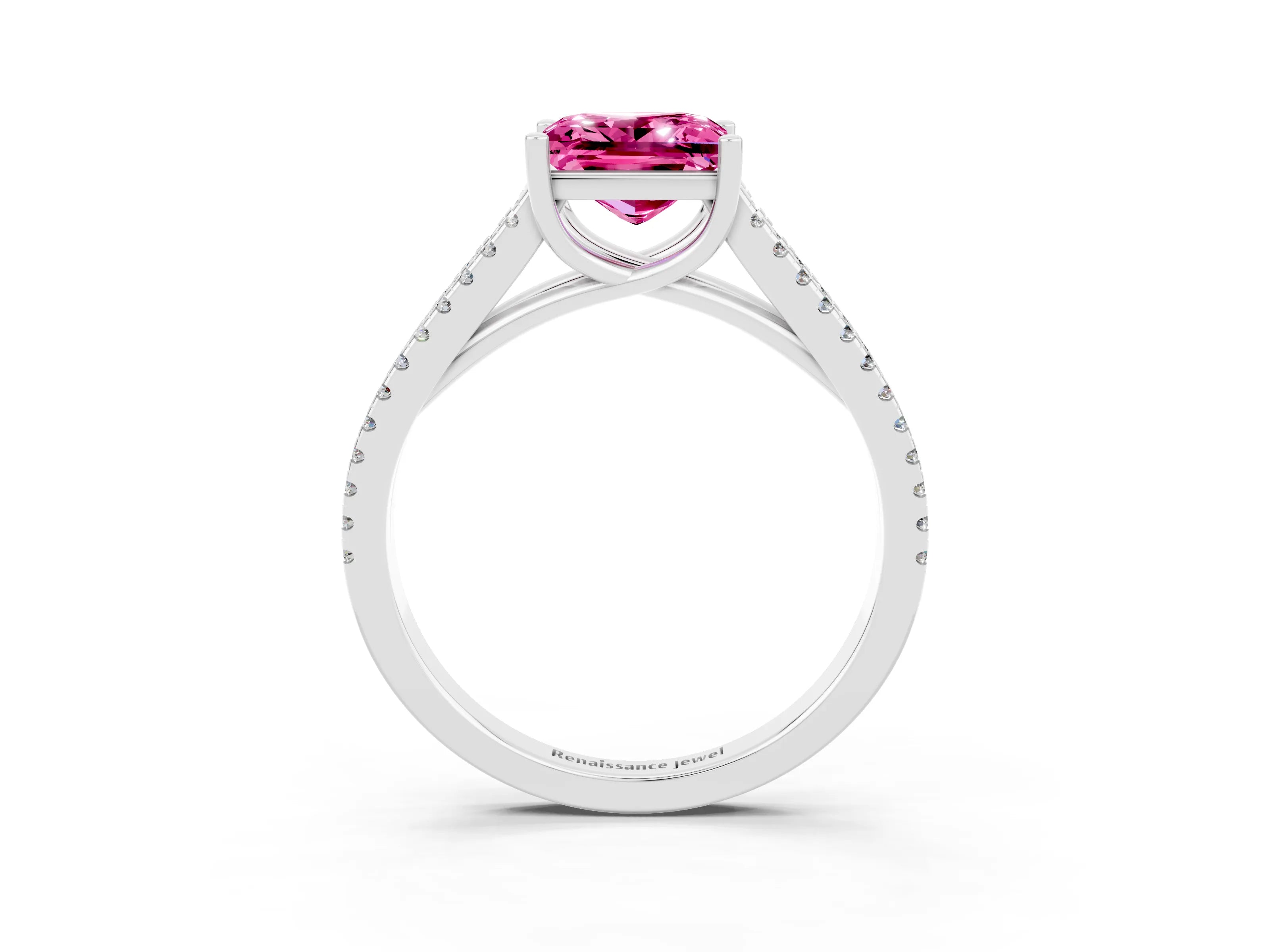 White gold Princess Cut Pink Sapphire Solitaire Engagement Ring with Split Shank Pavé Band_15