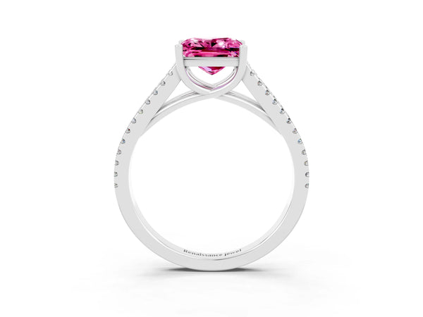 White gold Princess Cut Pink Sapphire Solitaire Engagement Ring with Split Shank Pavé Band