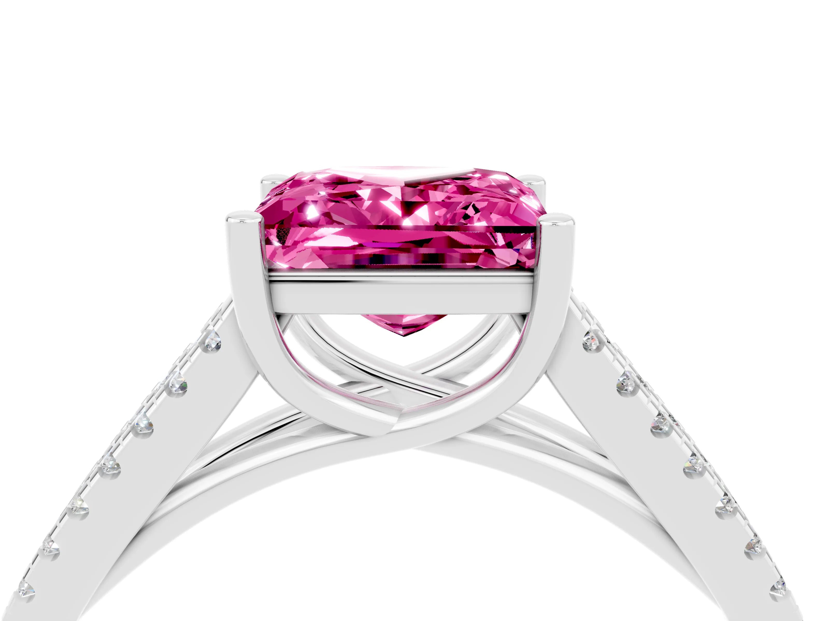 White gold Princess Cut Pink Sapphire Solitaire Engagement Ring with Split Shank Pavé Band_16