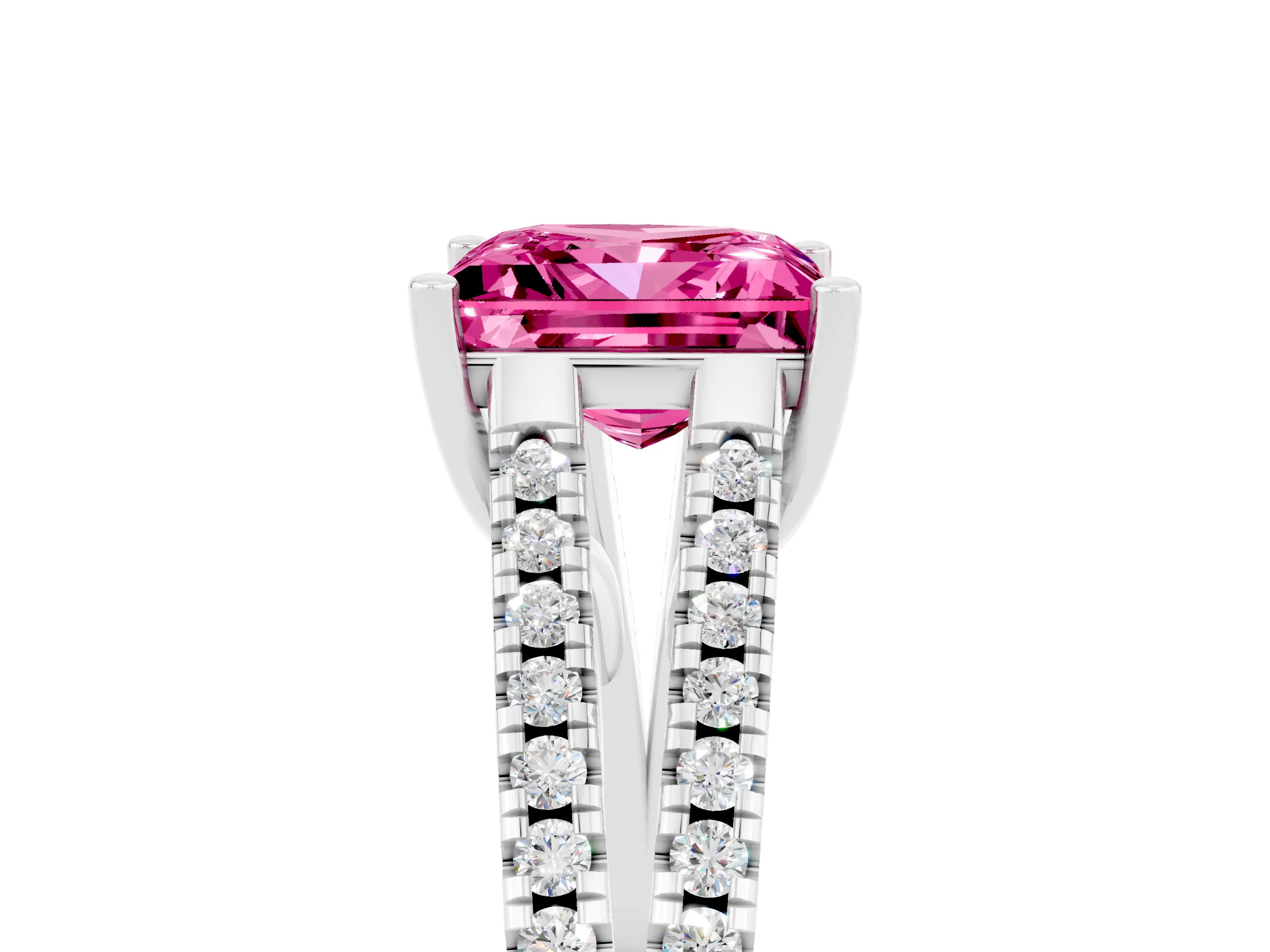 White gold Princess Cut Pink Sapphire Solitaire Engagement Ring with Split Shank Pavé Band_17