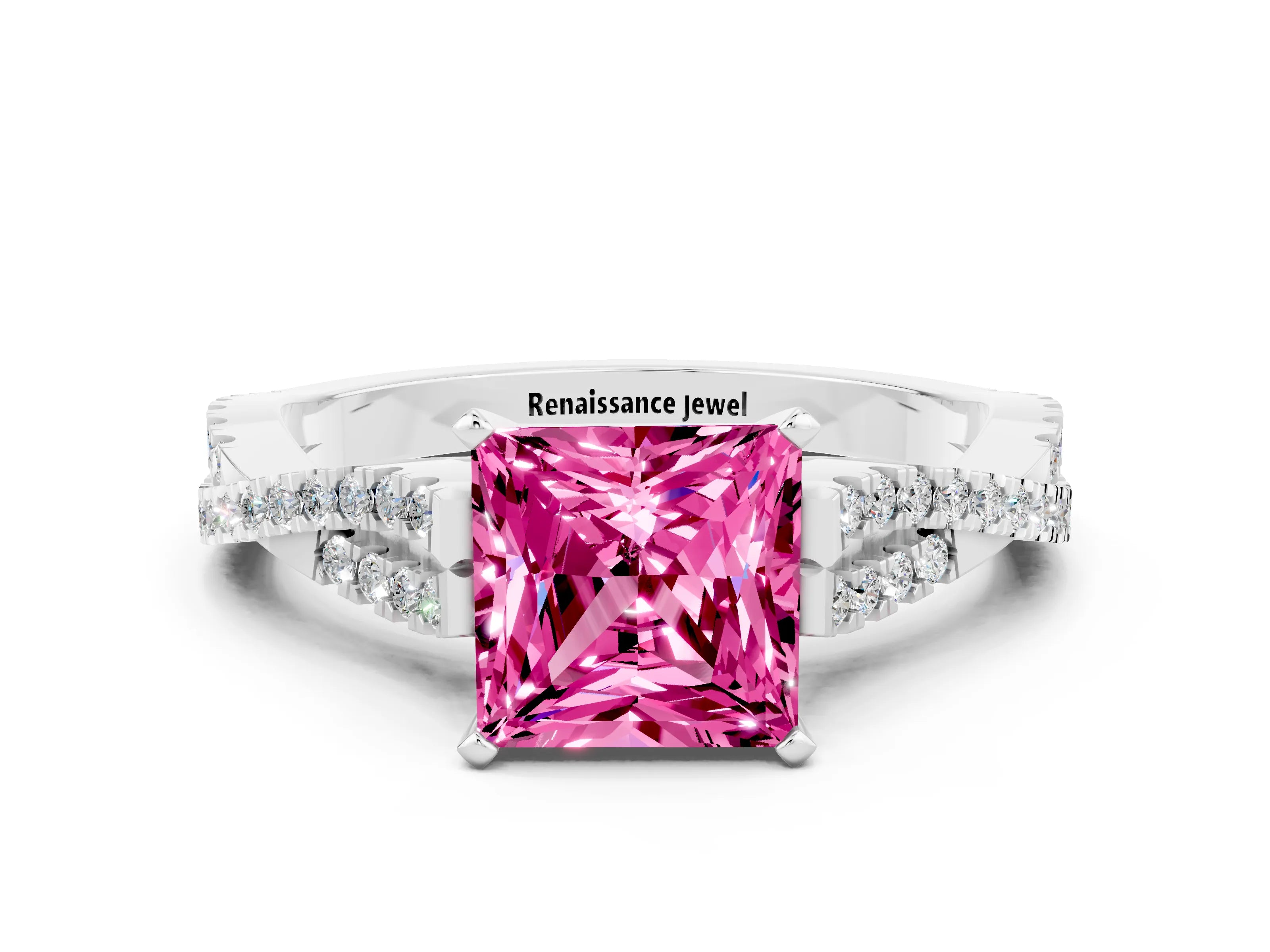 White gold Princess Cut Pink Sapphire Solitaire Engagement Ring with Twisted Pavé Band and Four-Prong Setting_24