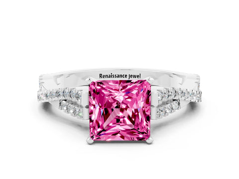 White gold Princess Cut Pink Sapphire Solitaire Engagement Ring with Twisted Pavé Band and Four-Prong Setting_24