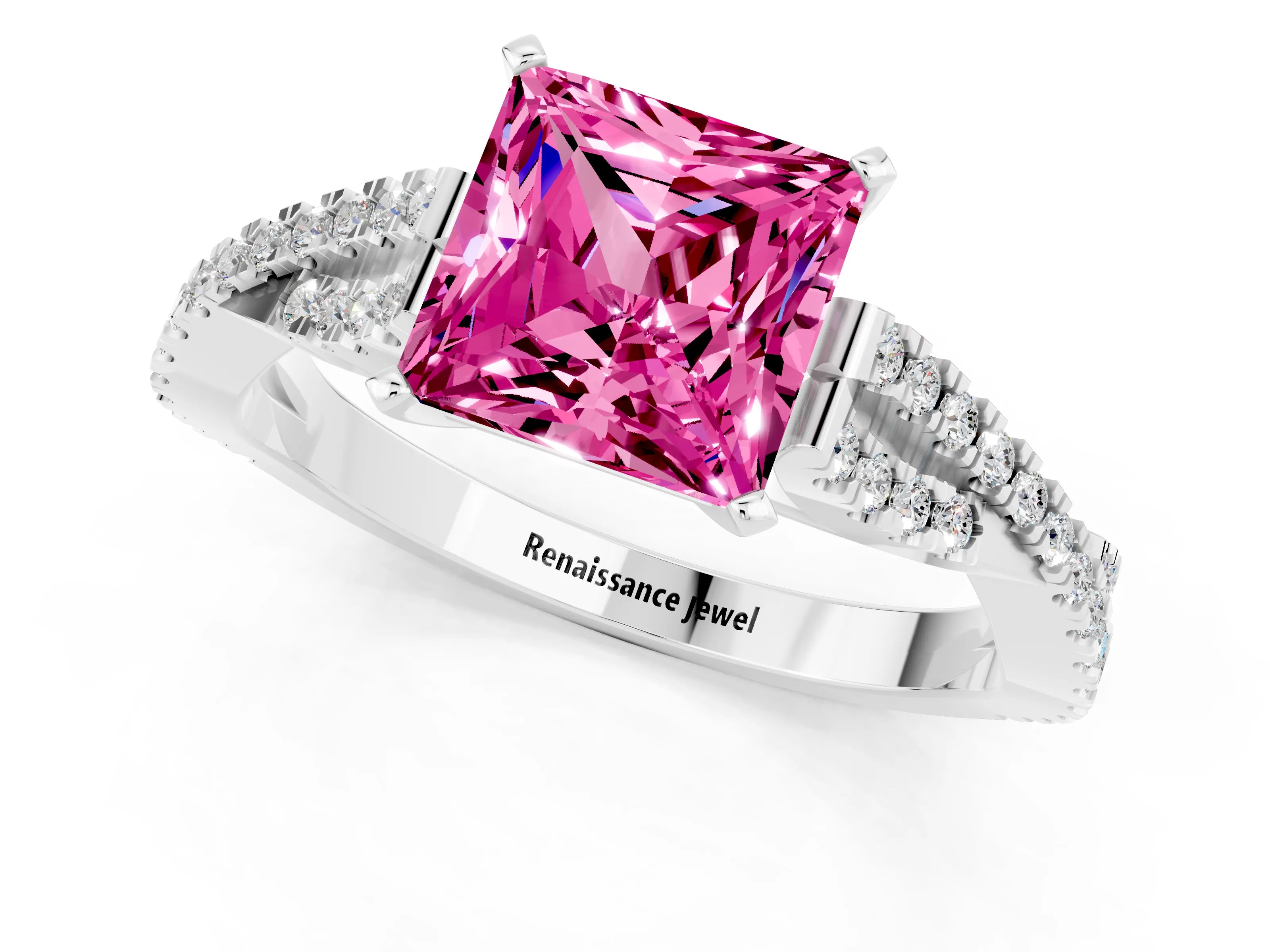 White gold Princess Cut Pink Sapphire Solitaire Engagement Ring with Twisted Pavé Band and Four-Prong Setting_25