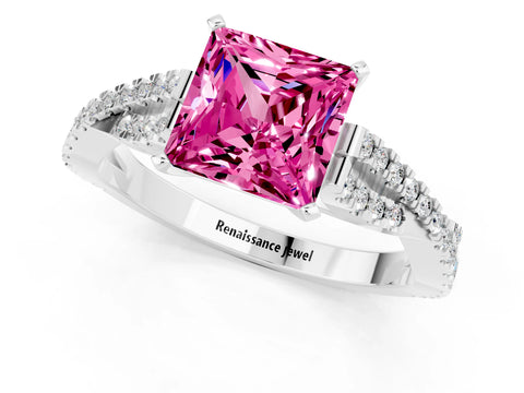 White gold Princess Cut Pink Sapphire Solitaire Engagement Ring with Twisted Pavé Band and Four-Prong Setting_25