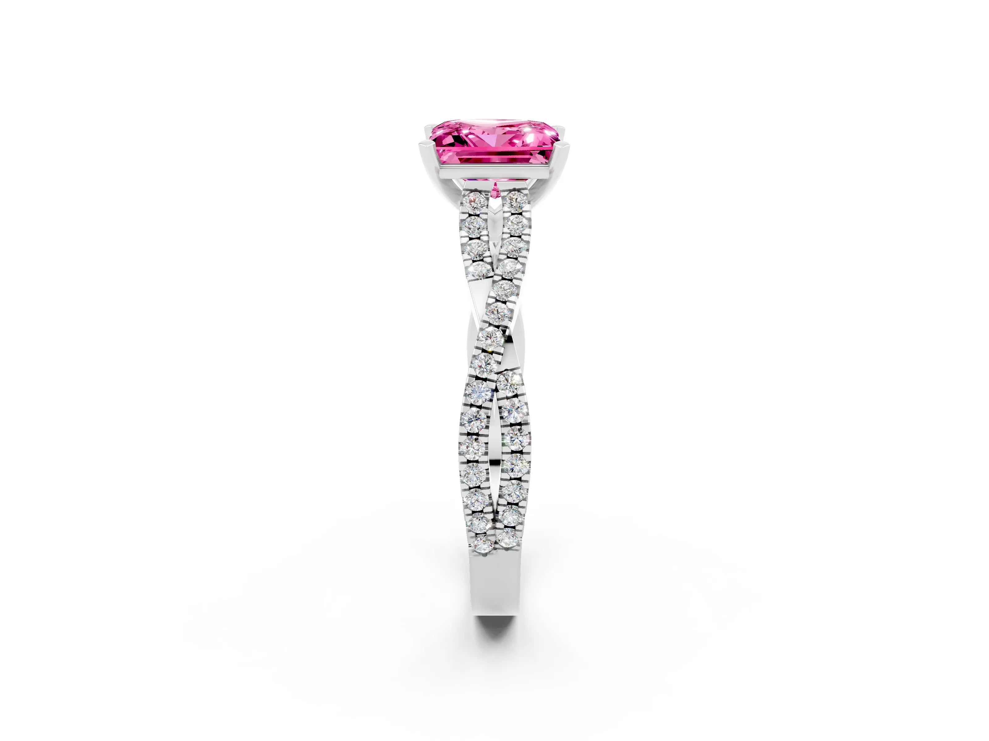 White gold Princess Cut Pink Sapphire Solitaire Engagement Ring with Twisted Pavé Band and Four-Prong Setting_26