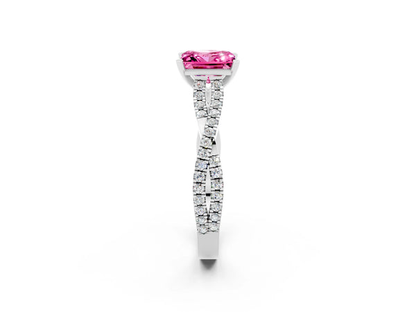 Silver Princess Cut Pink Sapphire Solitaire Engagement Ring with Twisted Pavé Band and Four-Prong Setting