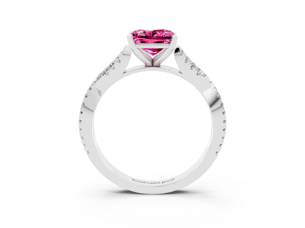 Platinum Princess Cut Pink Sapphire Solitaire Engagement Ring with Twisted Pavé Band and Four-Prong Setting