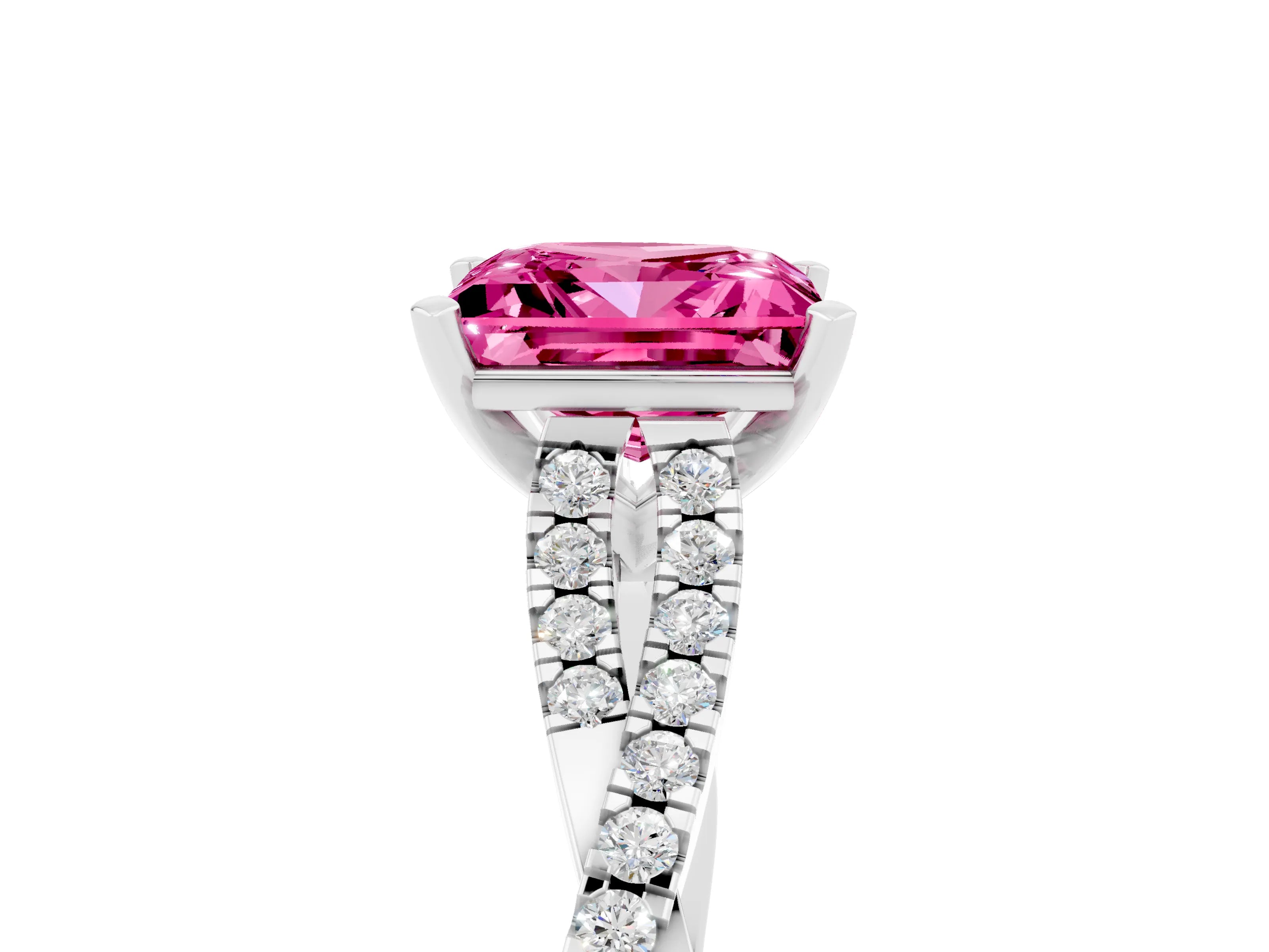 White gold Princess Cut Pink Sapphire Solitaire Engagement Ring with Twisted Pavé Band and Four-Prong Setting_29