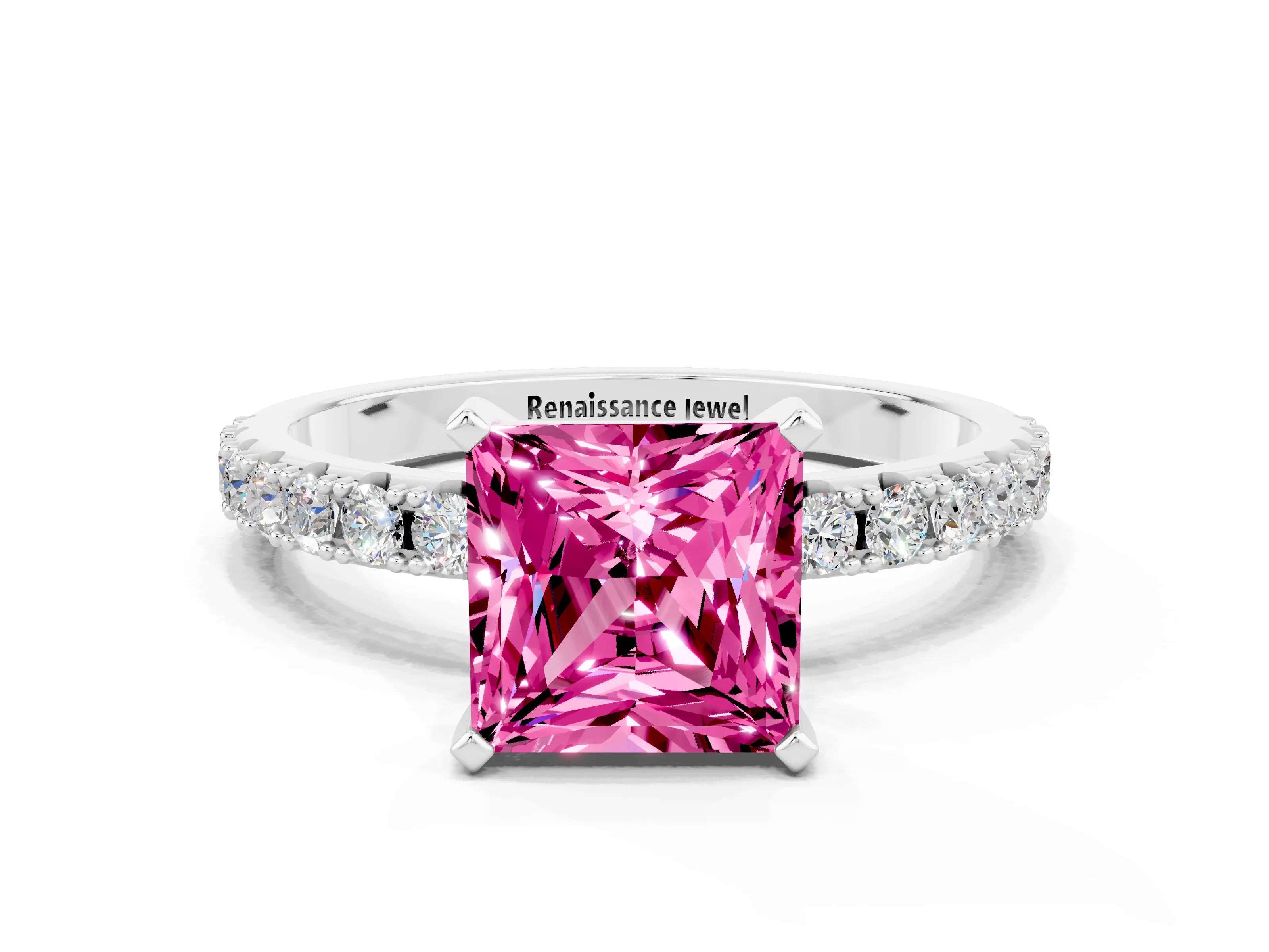 White gold Princess Cut Pink Sapphire Solitaire Pavé Band with Four-Prong Setting_24