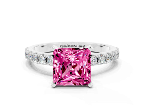 White gold Princess Cut Pink Sapphire Solitaire Pavé Band with Four-Prong Setting_24