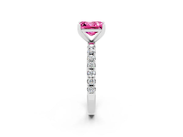 White gold Princess Cut Pink Sapphire Solitaire Pavé Band with Four-Prong Setting