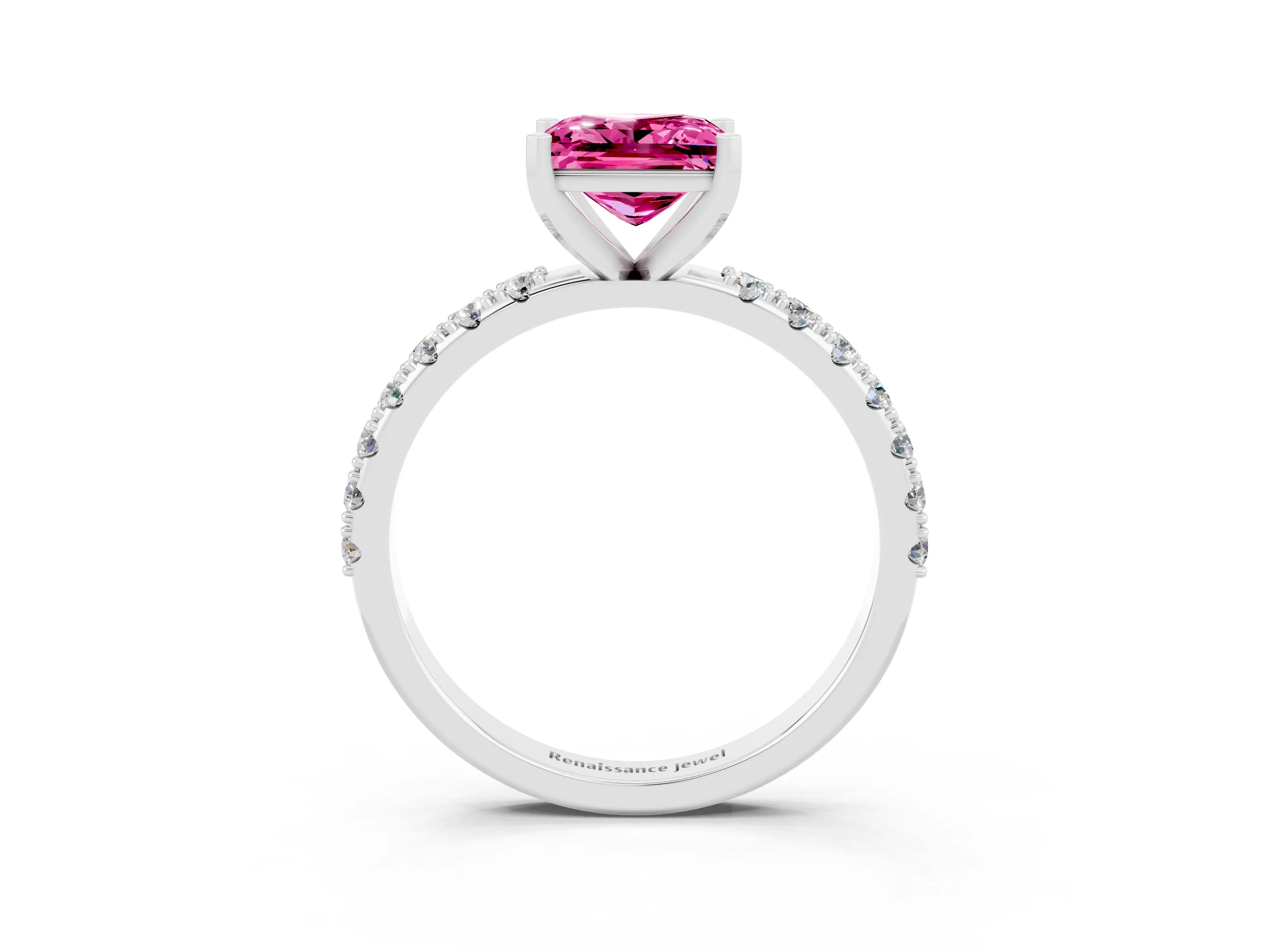 White gold Princess Cut Pink Sapphire Solitaire Pavé Band with Four-Prong Setting_27