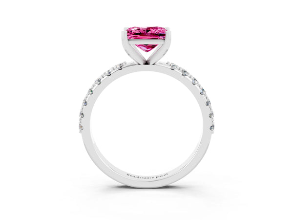 Silver Princess Cut Pink Sapphire Solitaire Pavé Band with Four-Prong Setting