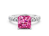 White gold Princess Cut Pink Sapphire Solitaire Pavé Engagement Ring with Round Band and Prong Setting_12