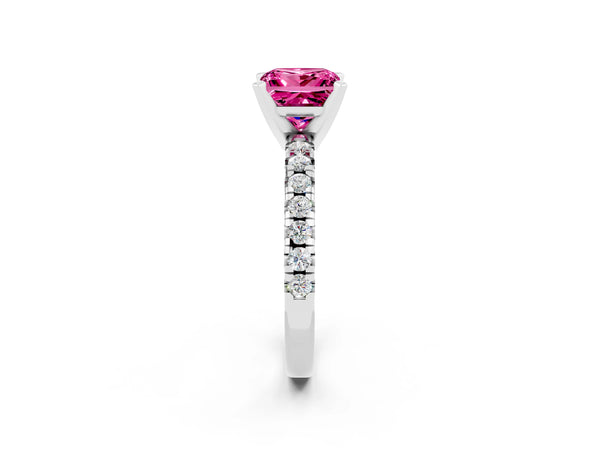 Silver Princess Cut Pink Sapphire Solitaire Pavé Engagement Ring with Round Band and Prong Setting