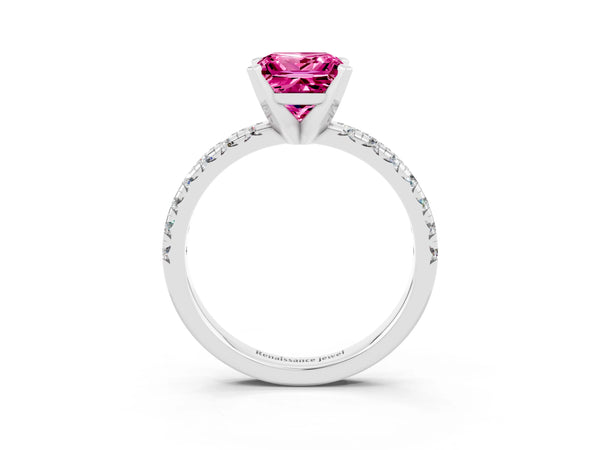 Silver Princess Cut Pink Sapphire Solitaire Pavé Engagement Ring with Round Band and Prong Setting