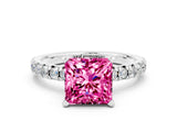 White gold Princess Cut Pink Sapphire Solitaire Pavé Engagement Ring with Round Band and Prong Setting_72