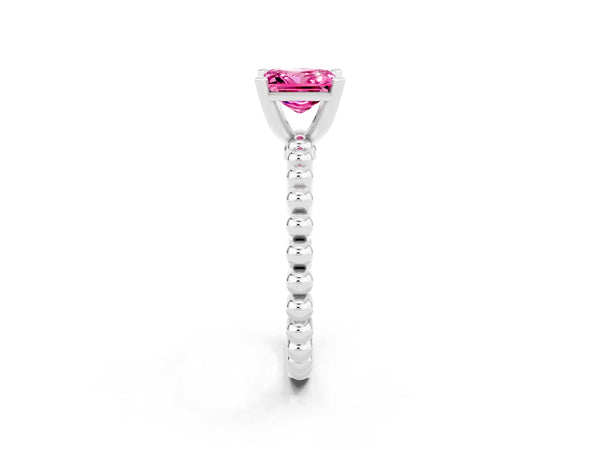 Platinum Princess Cut Pink Sapphire Solitaire Ring with Beaded Band and Prong Setting