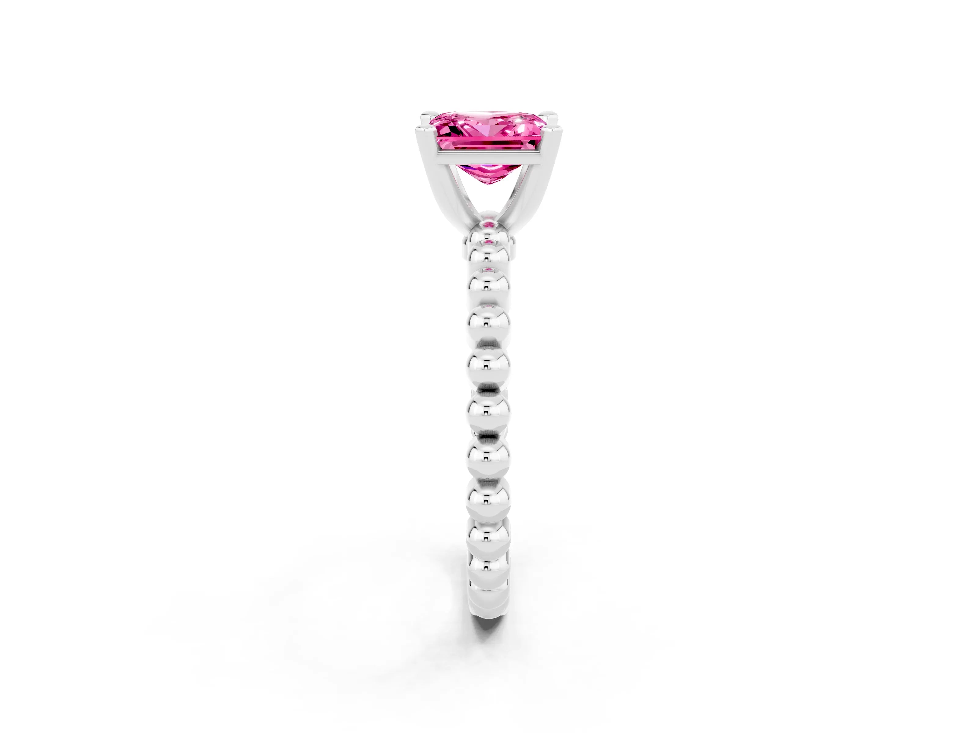 White gold Princess Cut Pink Sapphire Solitaire Ring with Beaded Band and Prong Setting_38
