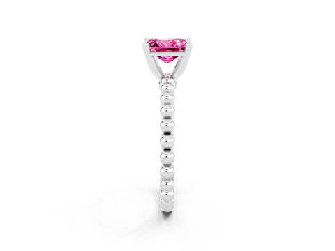 White gold Princess Cut Pink Sapphire Solitaire Ring with Beaded Band and Prong Setting_38
