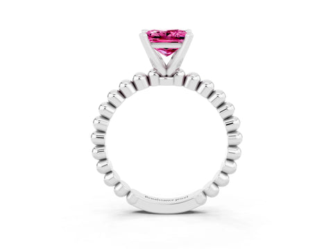 White gold Princess Cut Pink Sapphire Solitaire Ring with Beaded Band and Prong Setting_39
